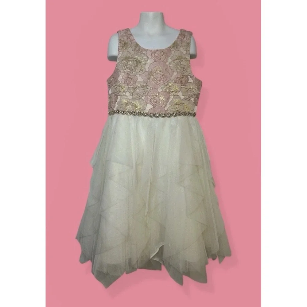 NWOT Couture Princess Girl 10 Pink Gold Flower Girl Tiered Tulle Dress‎ Wedding
